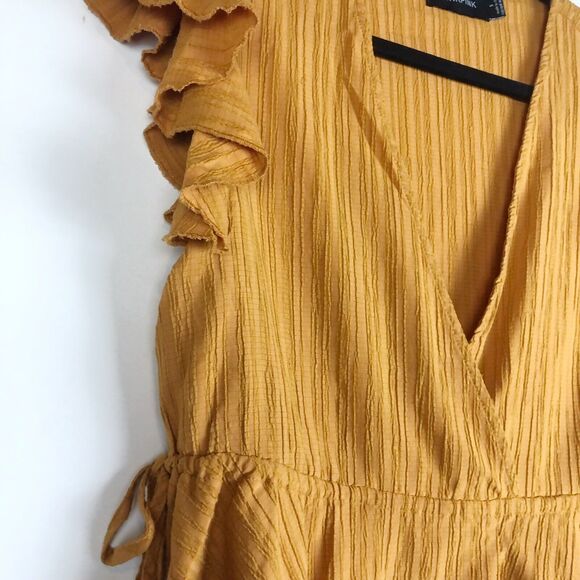 MINKPINK Gold Orange Short Flutter Sleeve V Neck Top with Ties on Sides Small - Picture 4 of 7